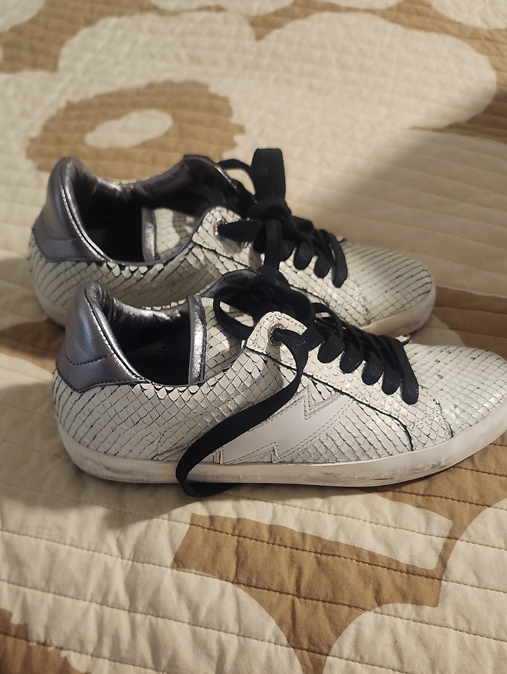 ZAD Snake-Embossed White Sneakers with Silver Trim